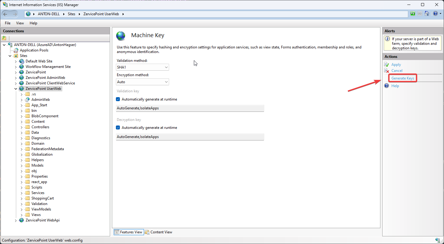 IIS Manager machine key setting for UserWeb