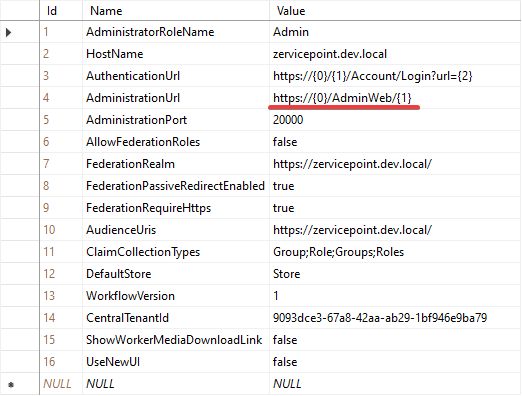 ZervicePoint GlobalSettings table in SQL Server Management Studio