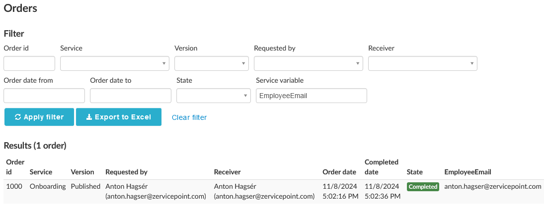 Order manager with an extra search for a service variable