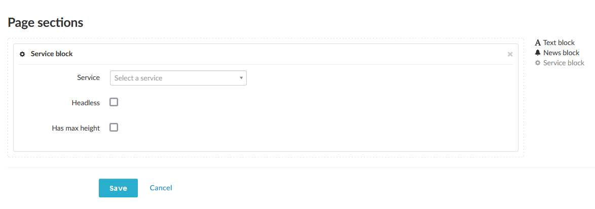 Page section for embedding service in page