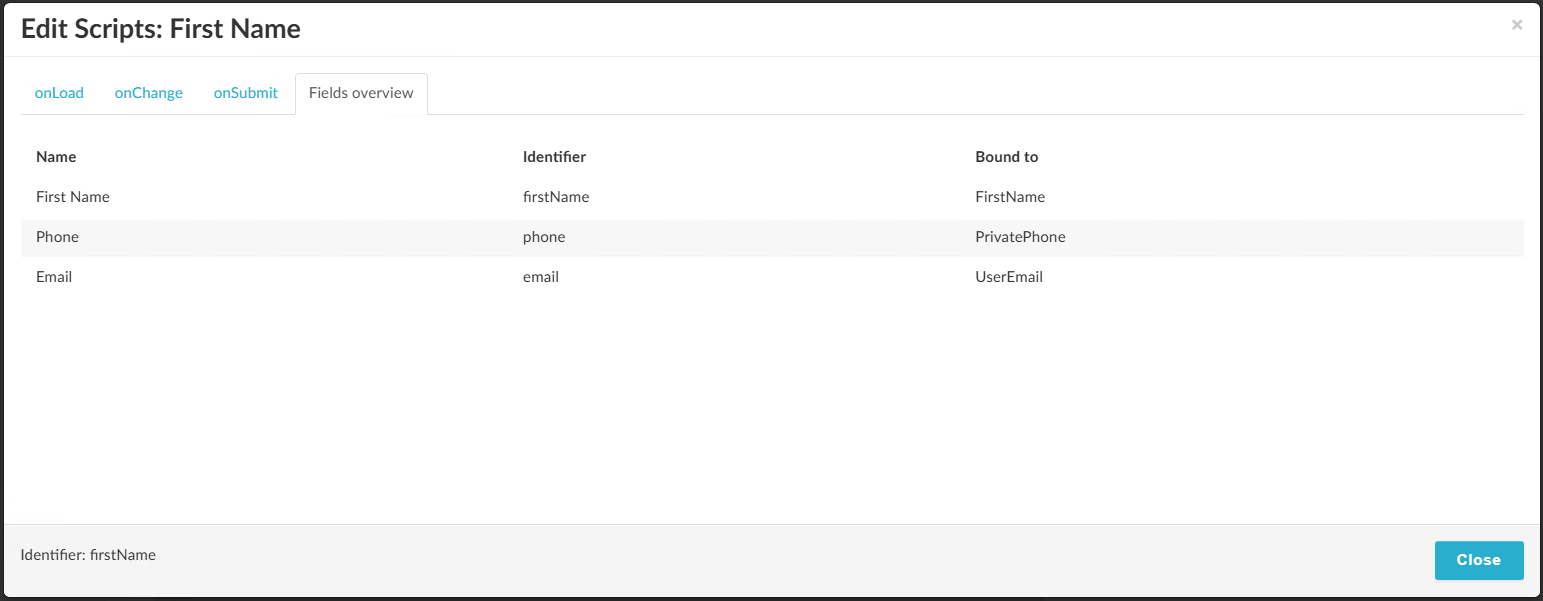 Table showing names, identifiers and bound variables of form fields in JavaScript modal